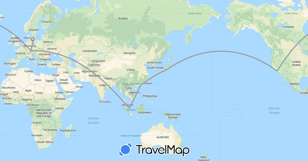 TravelMap itinerary: driving, plane in China, Germany, Japan, Singapore, United States (Asia, Europe, North America)