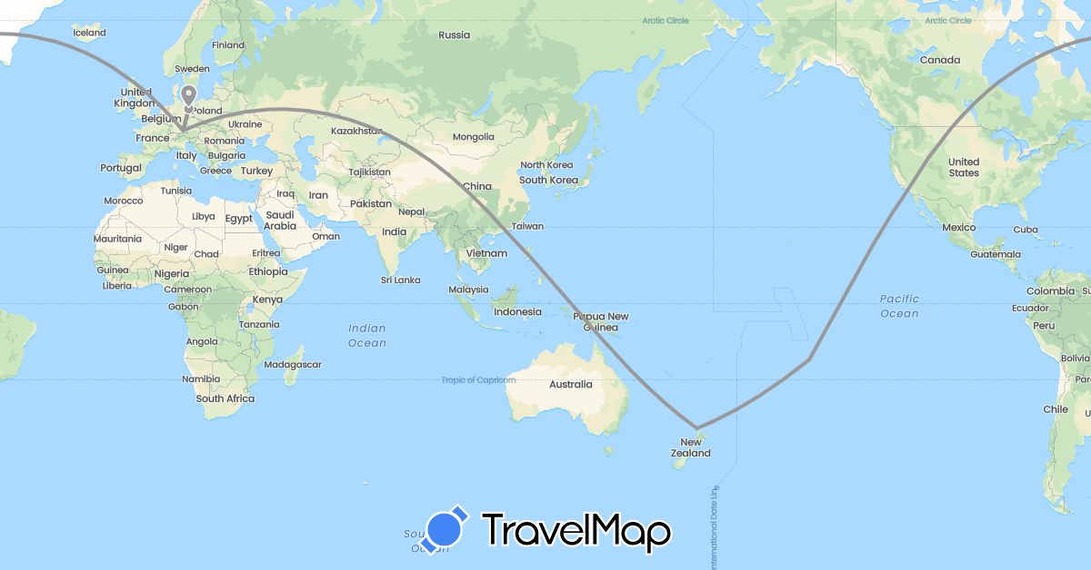 TravelMap itinerary: driving, plane in China, Germany, France, New Zealand, United States (Asia, Europe, North America, Oceania)