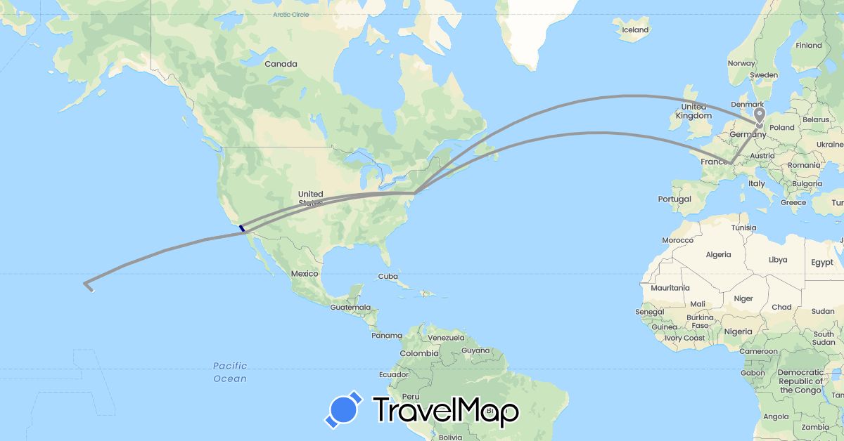 TravelMap itinerary: driving, plane in Switzerland, Germany, United States (Europe, North America)